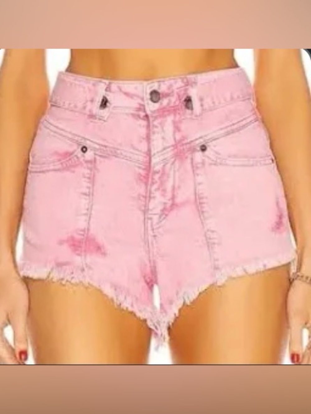 Retrofete High-Waist Pink Denim Shorts with Frayed V-Cut Hem